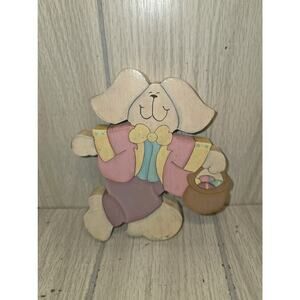 Vintage Wooden Hand Painted Easter Bunny Rabbit Standing Decor Basket Of Eggs